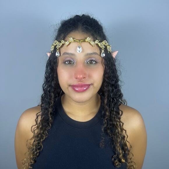 Gold Elf Tiara Crown with Clear Gem & 2 Pairs Elf Ears Fairy Cosplay Costume - Picture 2 of 9